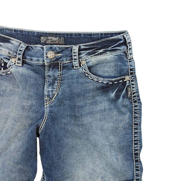 Silver Jeans Co McKenzie Flap Shorts Blue Denim Embroidered Women's Size 14 - Picture 5 of 13
